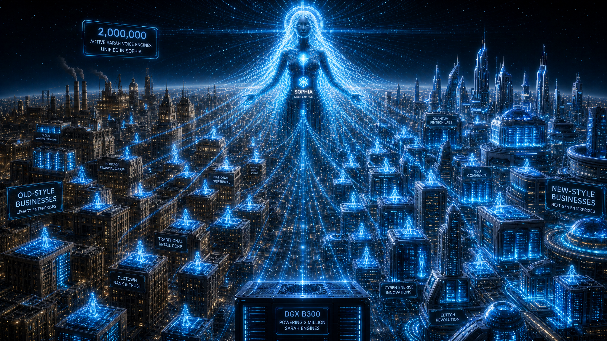 Sophia central API spirit with millions of glowing miniature SARAH spirits rising from DGX B300 server racks across old-style and new-style businesses on a planet-spanning mesh.